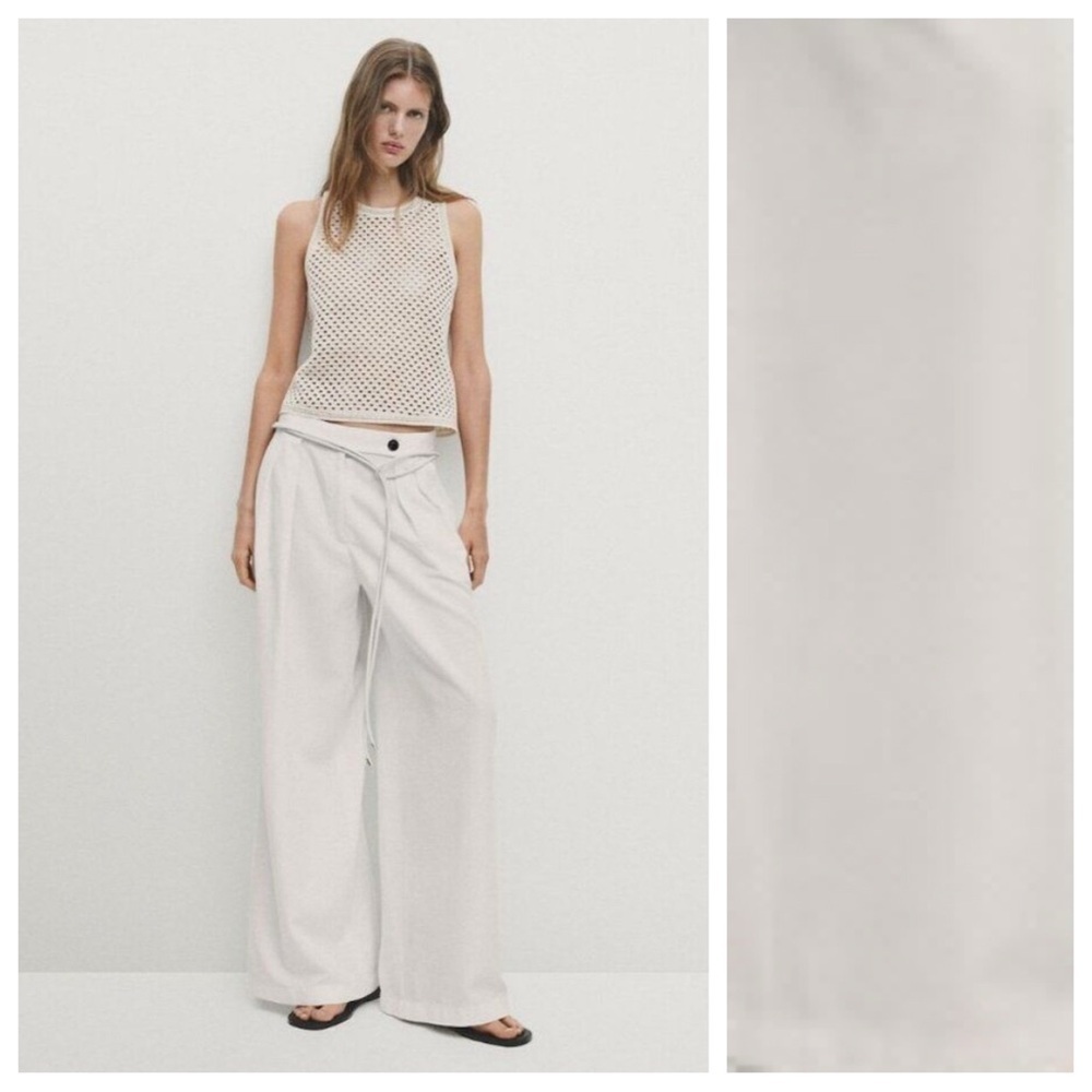NWT. Massimo Dutti Ecru Lyocell Blend Wide Leg High Rise Trousers. Size 6.